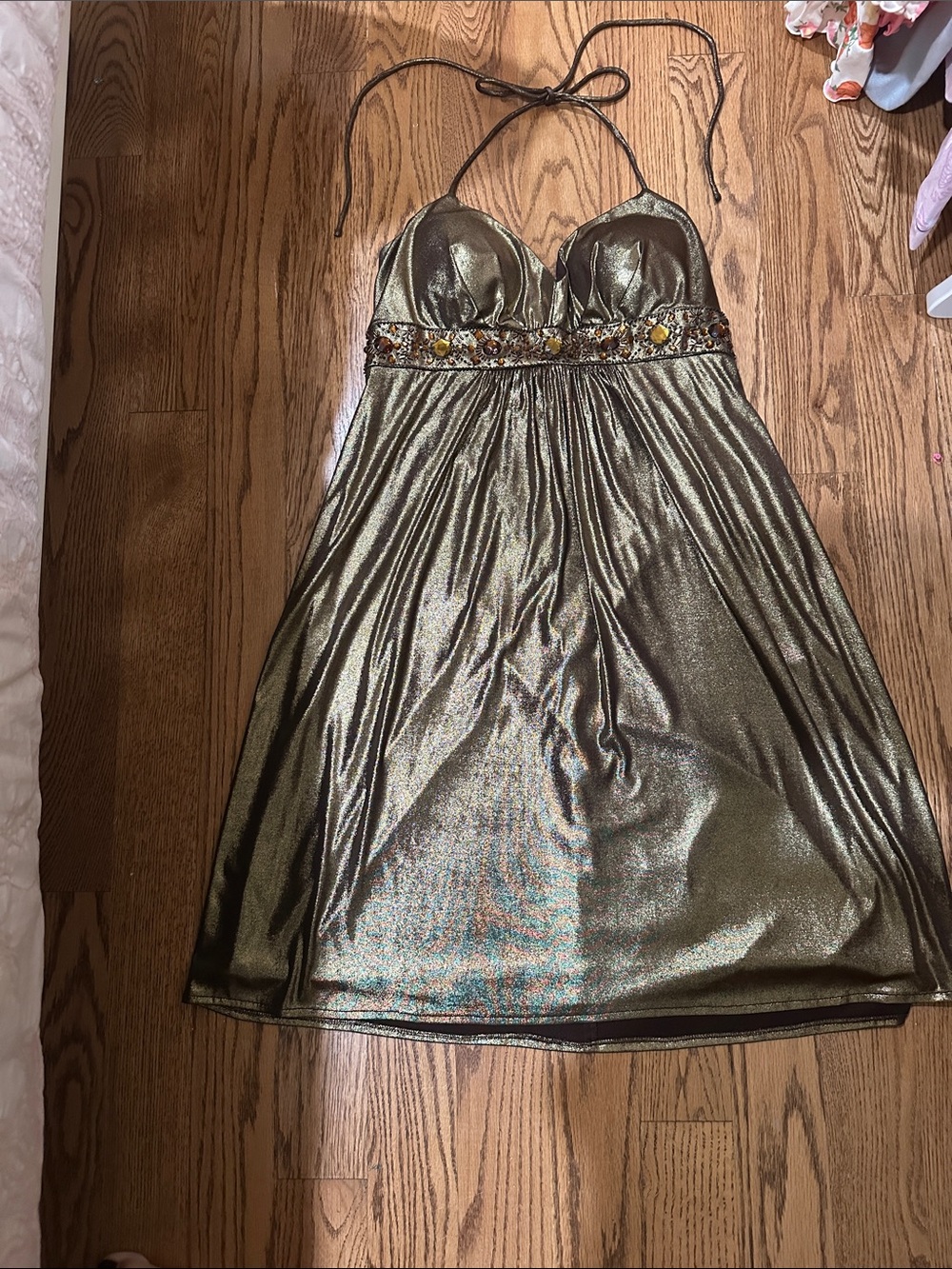 Oleg Cassini Metallic Gold Halter Mini Dress with Jeweled Waist